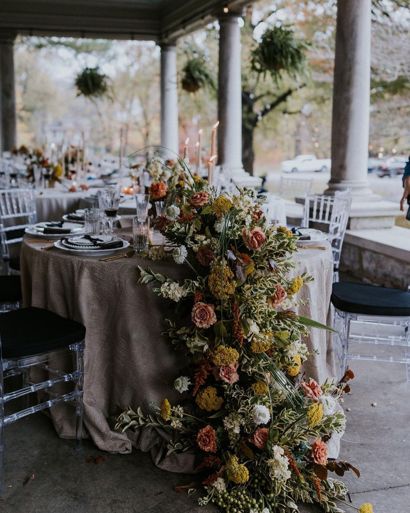 Floral garland on veranda table